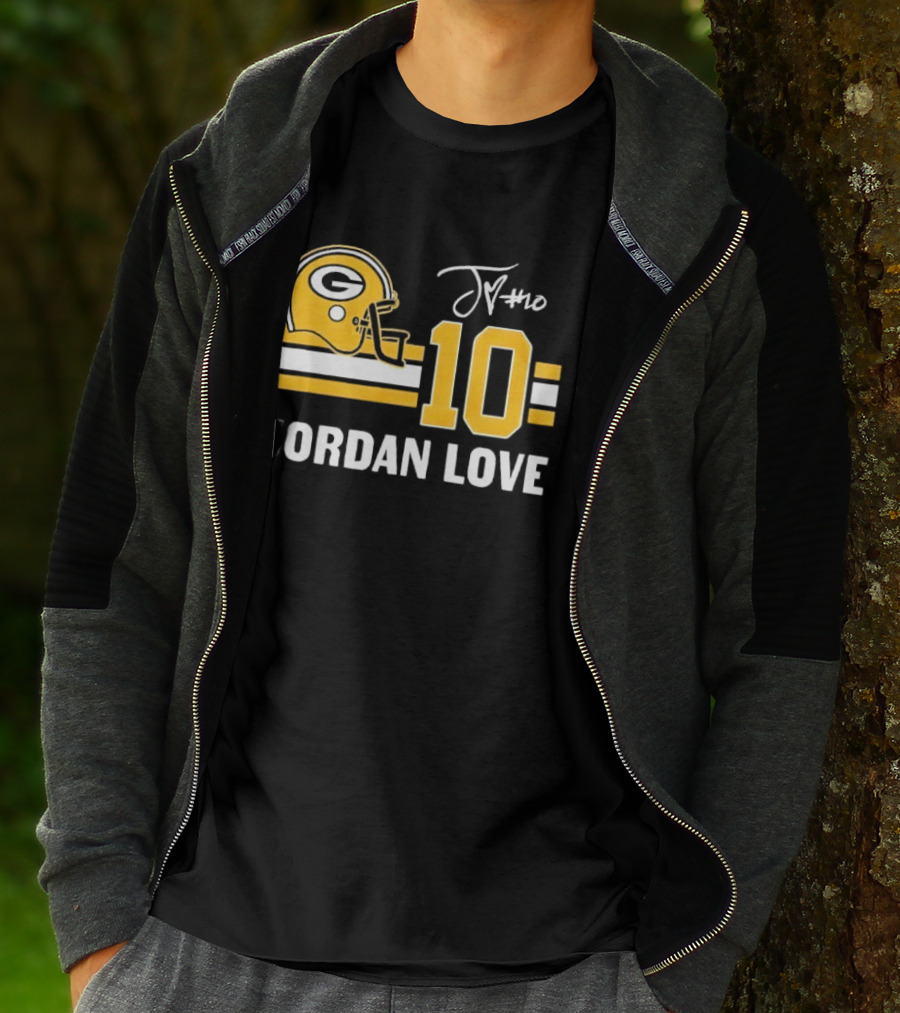 Green Bay Packers Jordan Love 10 Helmet Stripes JM Signature Distressed T-Shirt