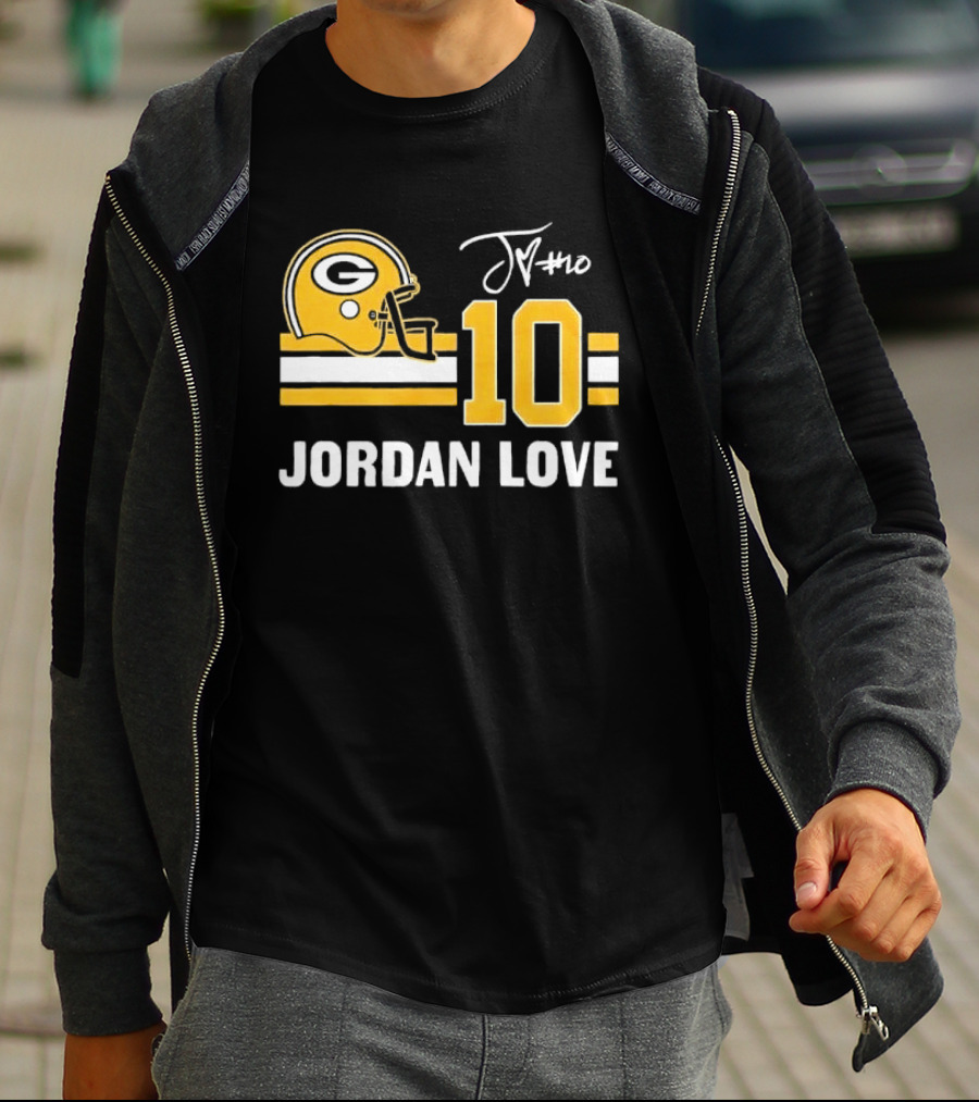 Green Bay Packers Jordan Love 10 Helmet Stripes JM Signature Distressed T-Shirt