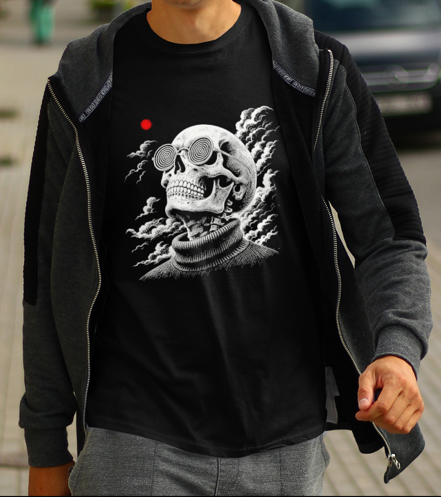 Line Skull Hypnotic Glasses Turtleneck Red Sun Clouds T-Shirt