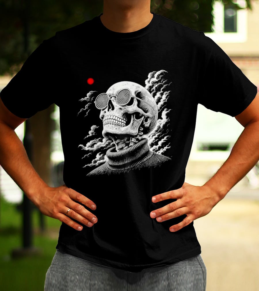 Line Skull Hypnotic Glasses Turtleneck Red Sun Clouds T-Shirt