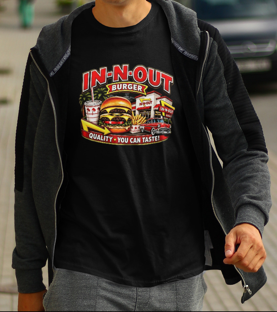 In N Out Burger Quality You Can Taste Palm Trees Classic Car Hamburger Fries Retro Restaurant Scene T-Shirt