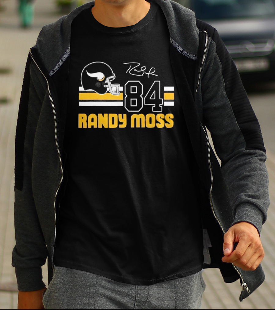 Randy Moss Minnesota Vikings 84 Helmet Stripes Autograph T-Shirt