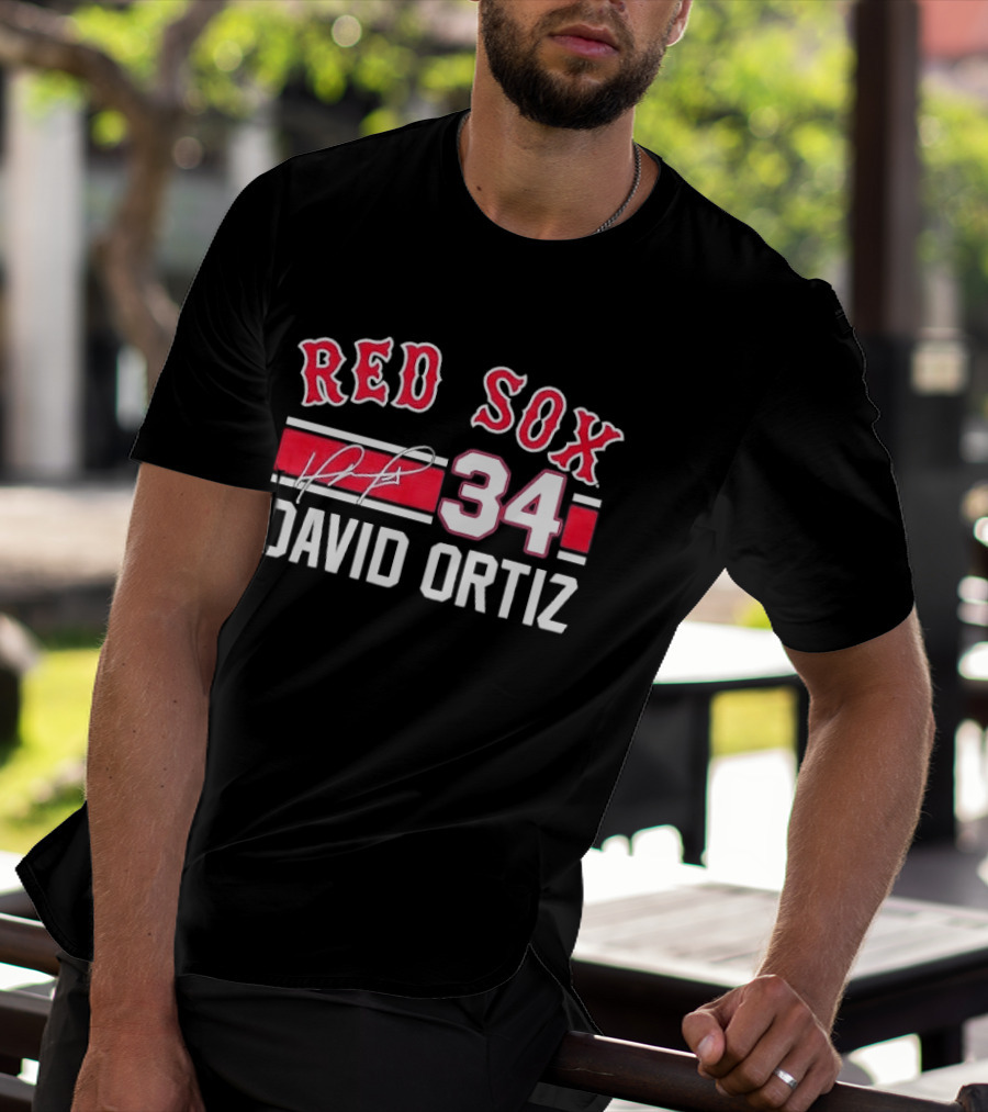 Red Sox MLB David Ortiz 34 White Stripes Distressed T-Shirt