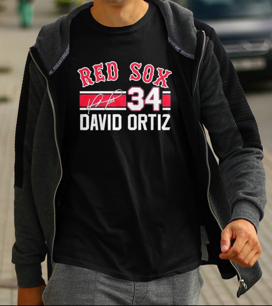 Red Sox MLB David Ortiz 34 White Stripes Distressed T-Shirt