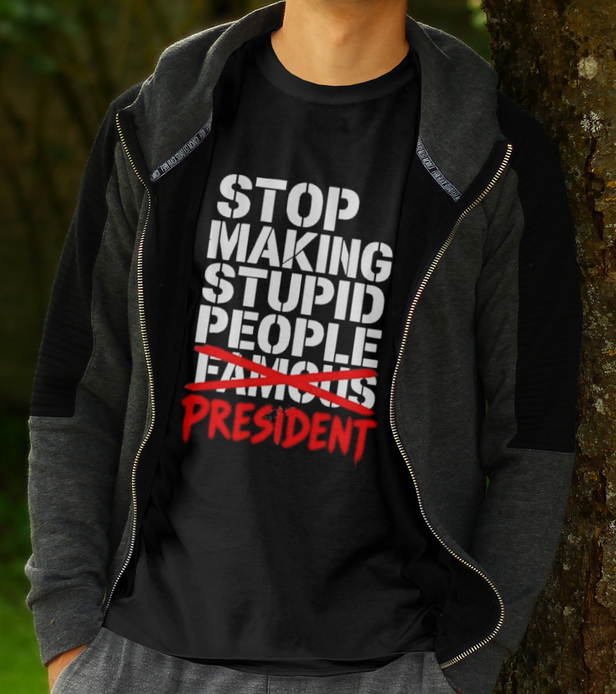 Stop Making Stupid People President Red Cross Stenciled Dripping Font T-Shirt
