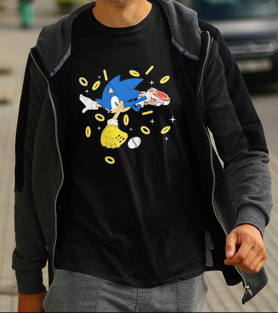 The Hedgehog Running Collecting Rings With Baseball Glove And Ball T-Shirt