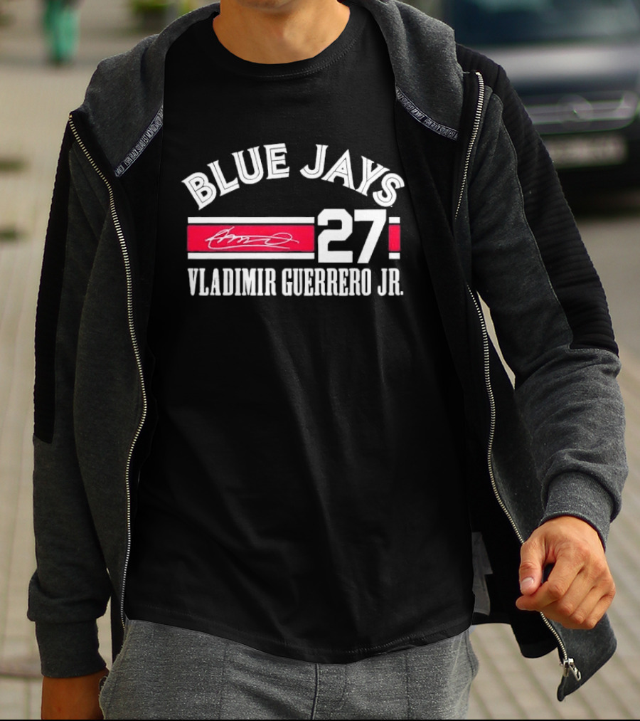 Blue Jays Vladimir Guerrero Jr 27 Red Stripe Signature Distressed T-Shirt