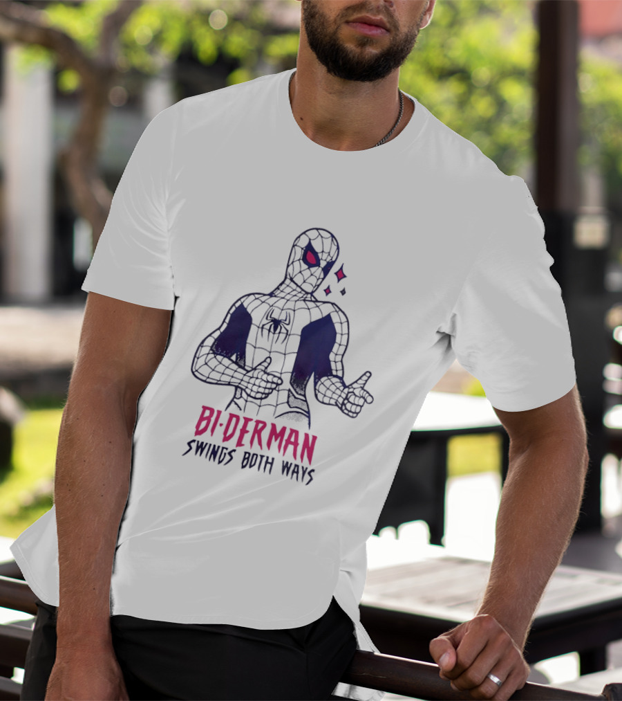 Bi Derman Swings Both Ways Spider Man LGBTQ Superhero T-Shirt