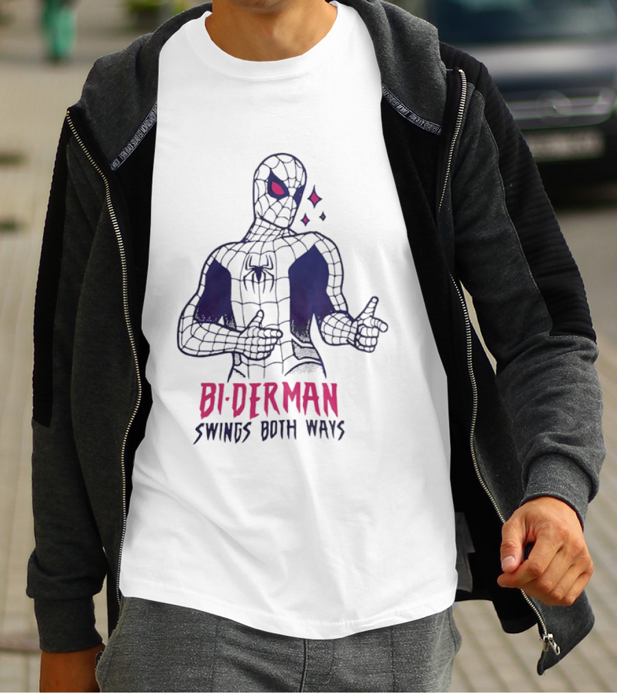 Bi Derman Swings Both Ways Spider Man LGBTQ Superhero T-Shirt