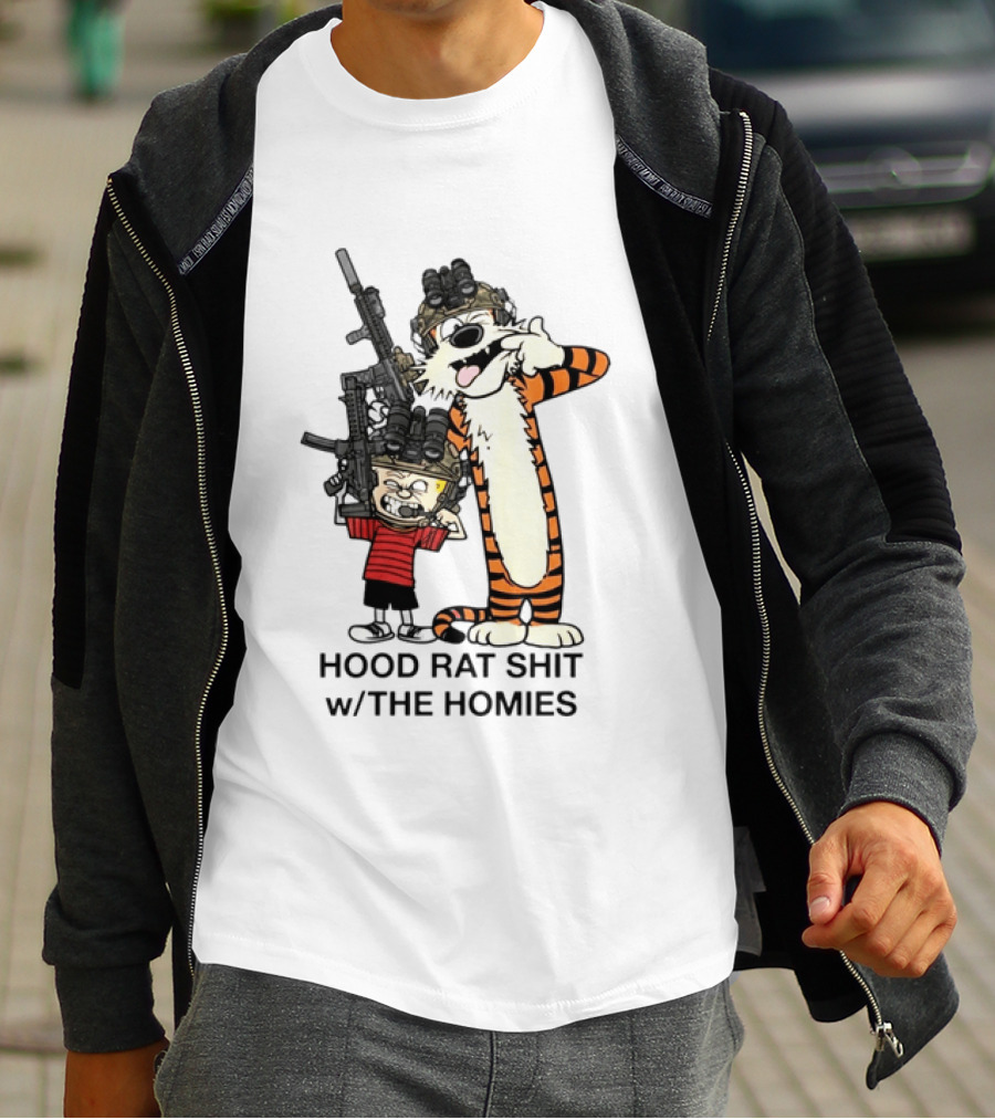 Calvin And Hobbes Hood Rat Shit W The Homies Rifle Helmets T-Shirt