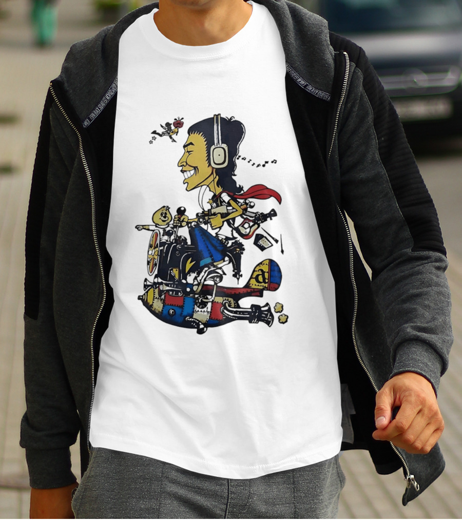 Cartoon Caricature Man With Headphones Riding Flying Rocket Airplane T-Shirt