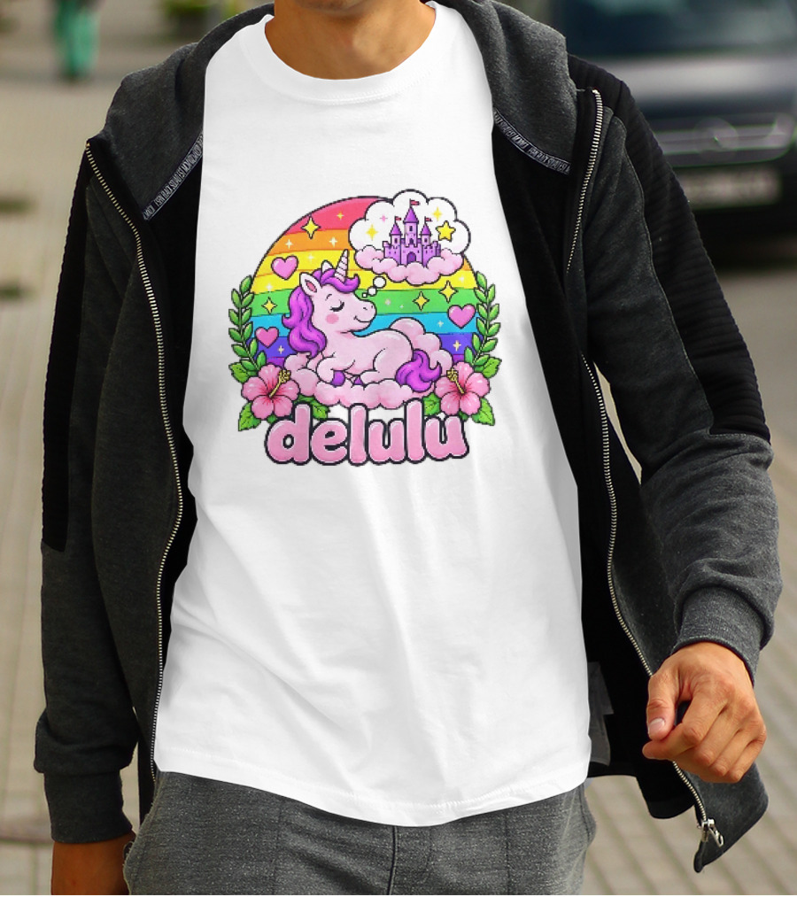 Delulu Unicorn Rainbow Castle Dreams With Colorful Heart Accents T-Shirt