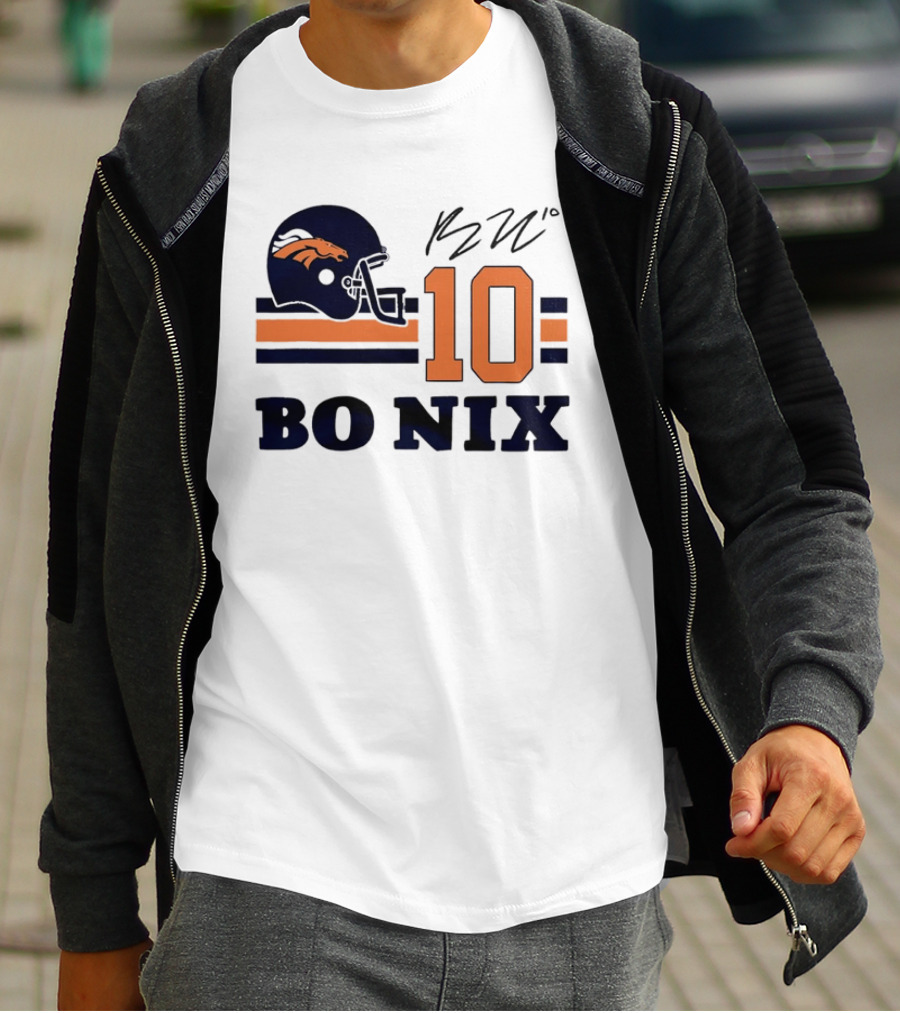 Denver Broncos Bo Nix 10 Football Helmet Horizontal Stripes T-Shirt