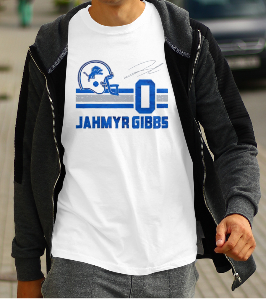 Detroit Lions Jahmyr Gibbs Zero Helmet Number Stripes Distressed T-Shirt