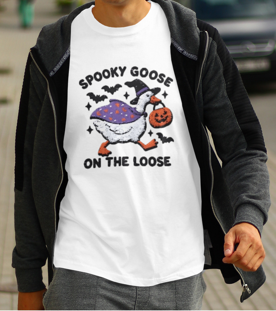 Spooky Goose On The Loose Halloween Embroidered T-Shirt