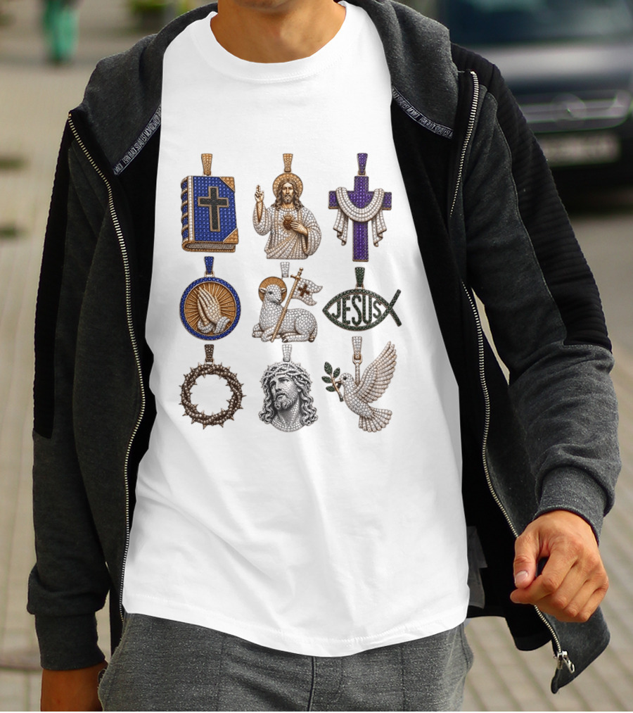 Jesus Cross Bible Lamb Fish Dove Crown Praying Hands Gemstone Pendants Collection T-Shirt