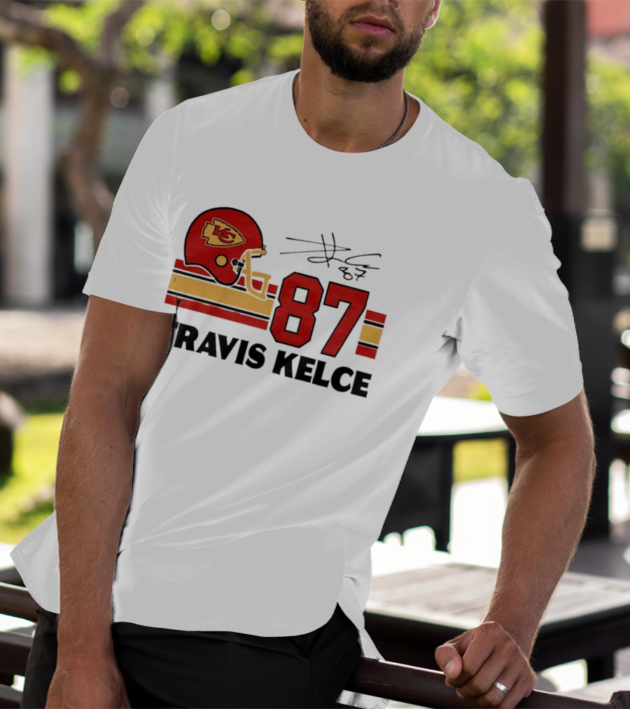 Kansas City Chiefs Travis Kelce 87 Red Gold Helmet Stripes T-Shirt