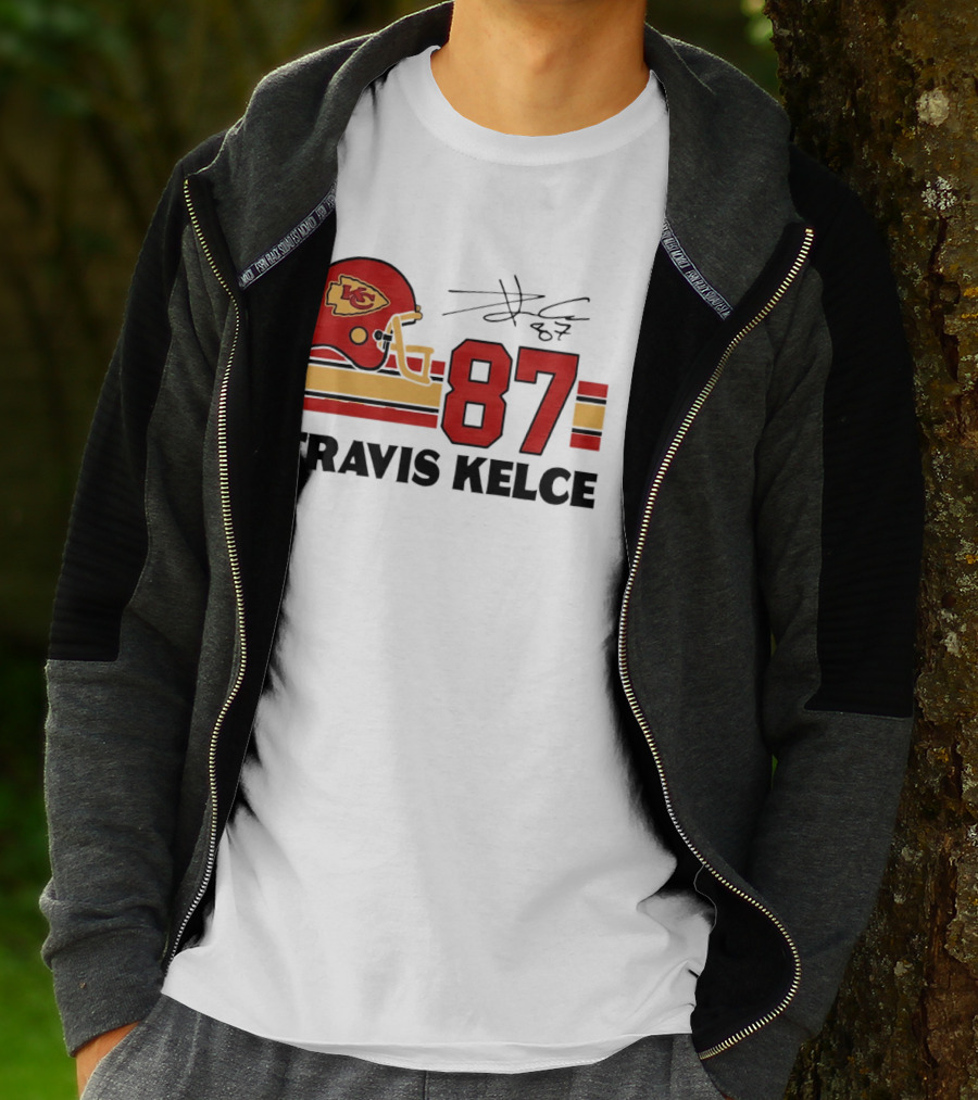 Kansas City Chiefs Travis Kelce 87 Red Gold Helmet Stripes T-Shirt