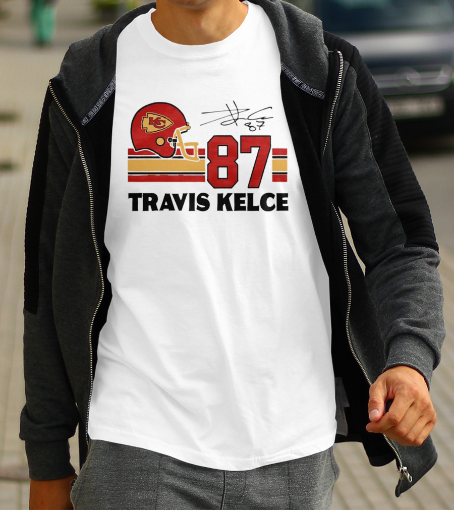 Kansas City Chiefs Travis Kelce 87 Red Gold Helmet Stripes T-Shirt