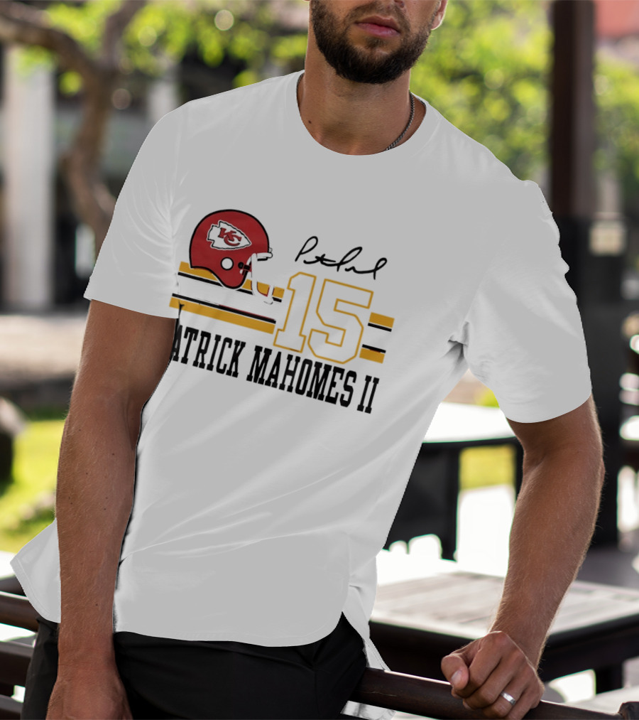 Kansas City Chiefs Patrick Mahomes II Number 15 Signature Football Helmet Stripes T-Shirt