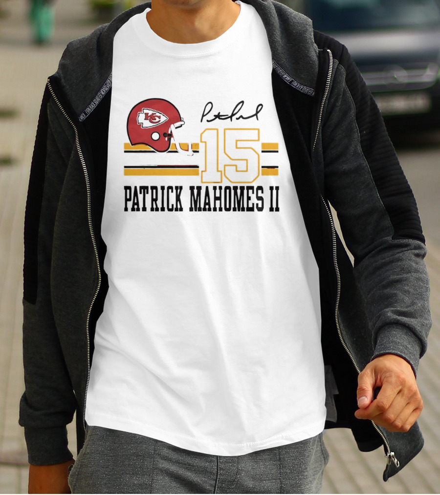 Kansas City Chiefs Patrick Mahomes II Number 15 Signature Football Helmet Stripes T-Shirt