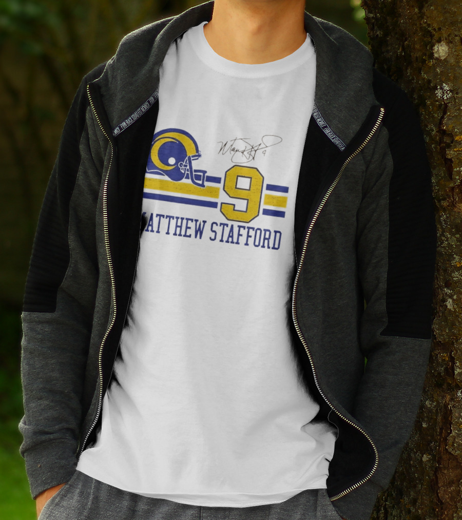 Los Angeles Rams Matthew Stafford Helmet Autograph Number 9 Blue Yellow Stripes T-Shirt