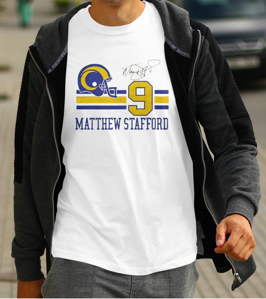Los Angeles Rams Matthew Stafford Helmet Autograph Number 9 Blue Yellow Stripes T-Shirt
