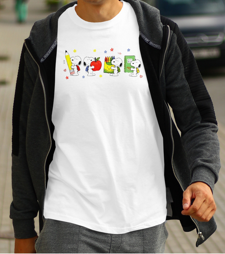 Peanuts Snoopy Cartoon Characters With School Supplies Pencil Apple Crayons Notebook T-Shirt