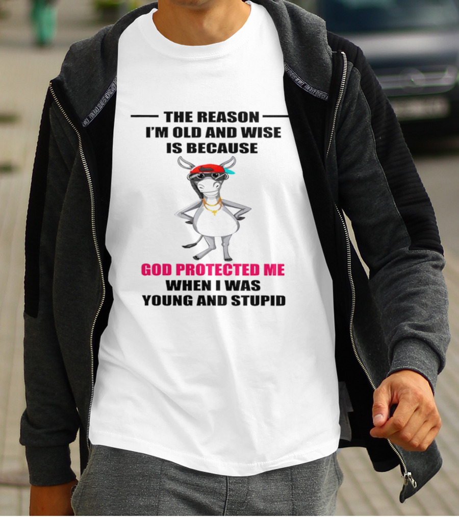 The Reason I'm Old And Wise God Protected Me When I Was Young And Stupid Cool Cow With Cap And Chains T-Shirt