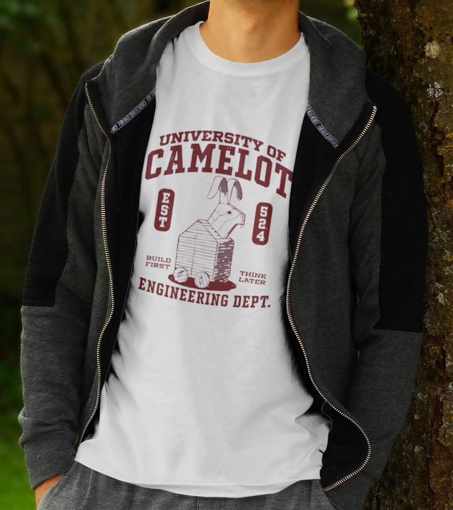 University Of Camelot Engineering Dept Build First Think Later Wooden Trojan Rabbit Wheels Est 524 T-Shirt