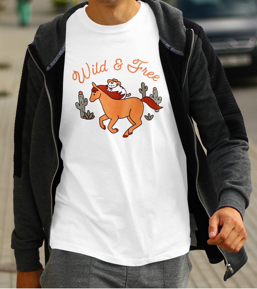 Wild And Free Cartoon Cowboy Cat Galloping Horse Cactus Scene T-Shirt