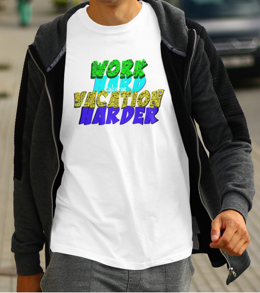 Work Hard Vacation Harder Emoji Patterned Colorful T-Shirt