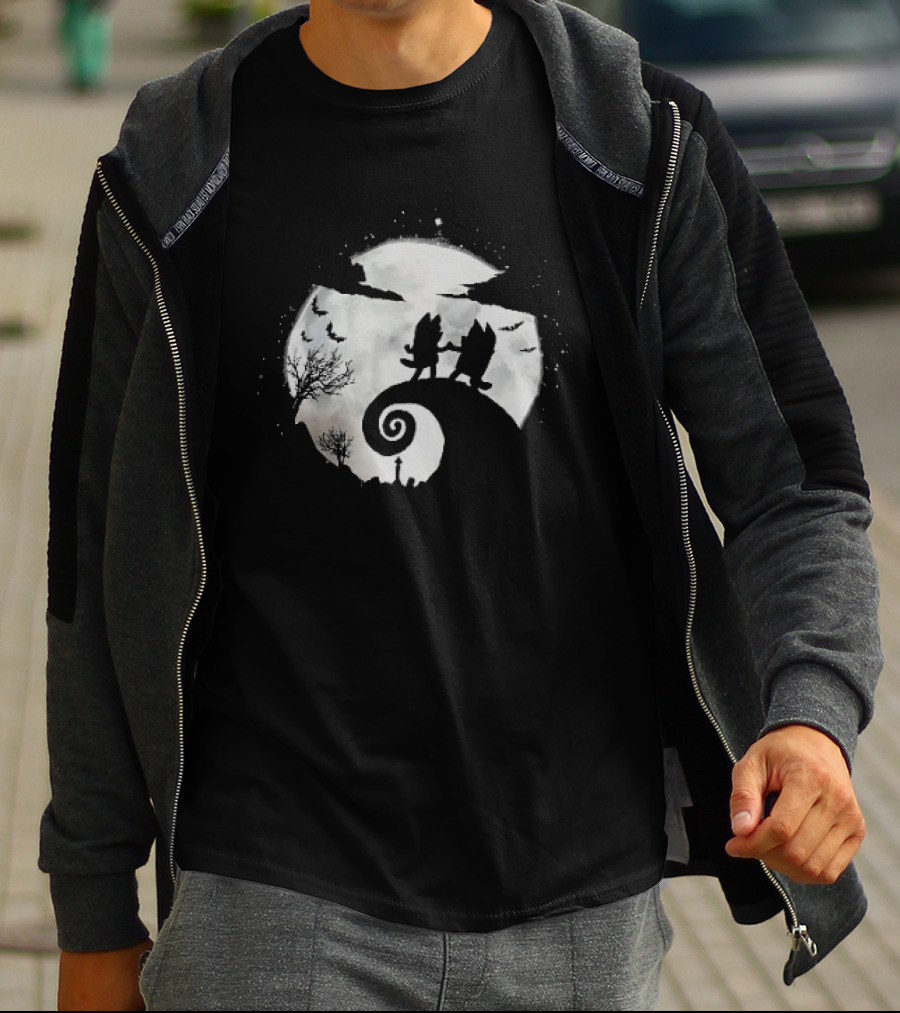 Bluey And Bingo Halloween Mashup With Iconic Moonlit Hill Scene T-Shirt
