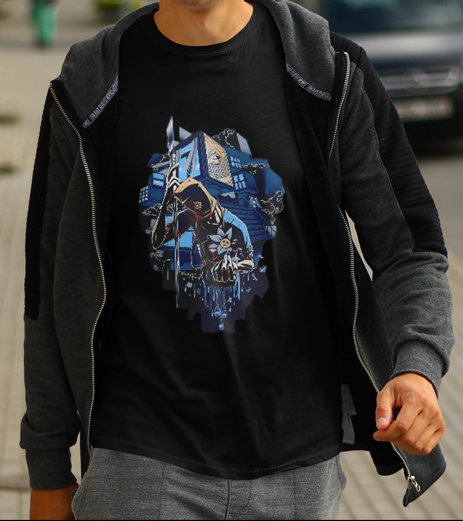Masked Figure With Spear And Smiling Flower By Mysterious Floating House T-Shirt
