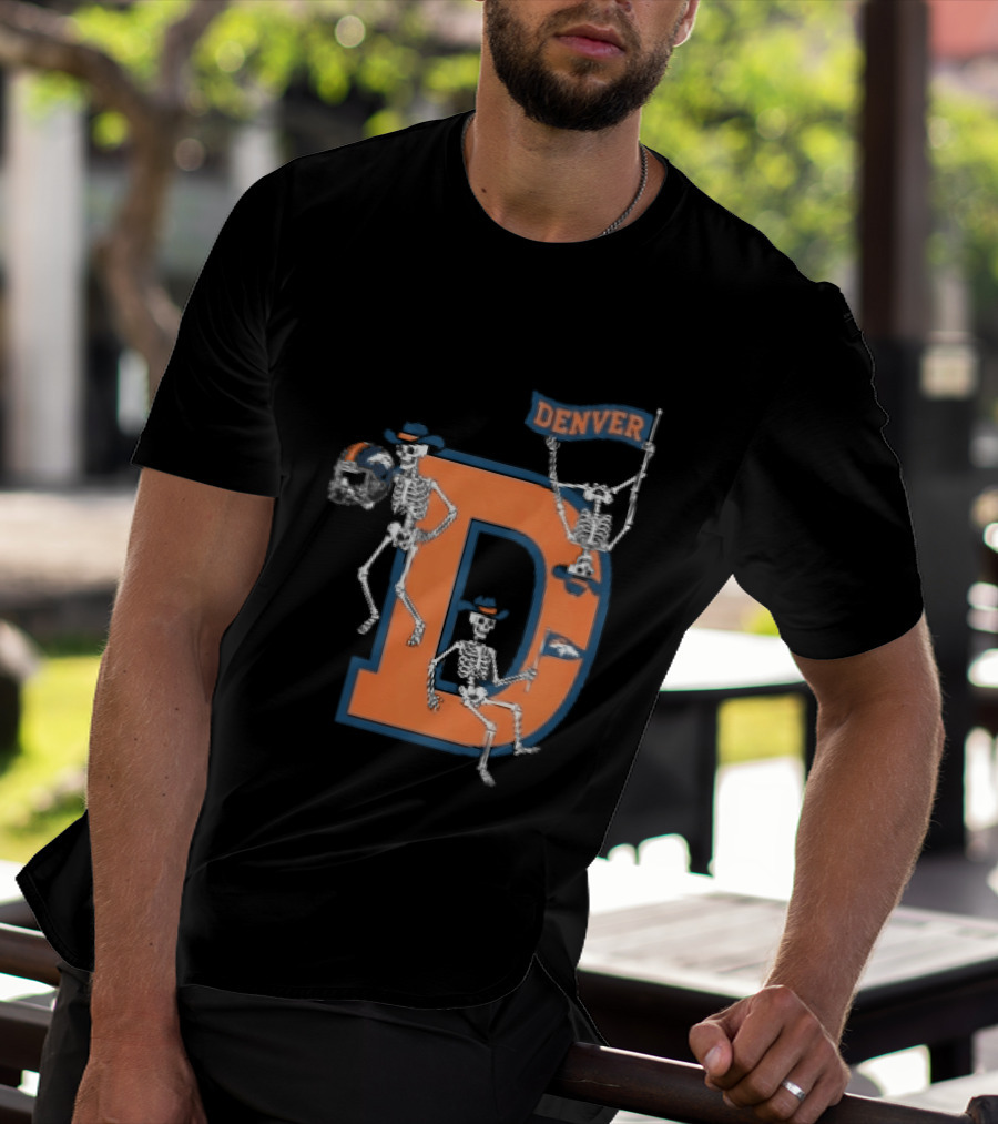 Denver Broncos Skeletons Cowboy Hats Big D Helmet Flag Orange T-Shirt