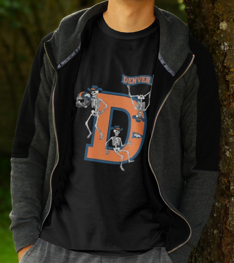 Denver Broncos Skeletons Cowboy Hats Big D Helmet Flag Orange T-Shirt