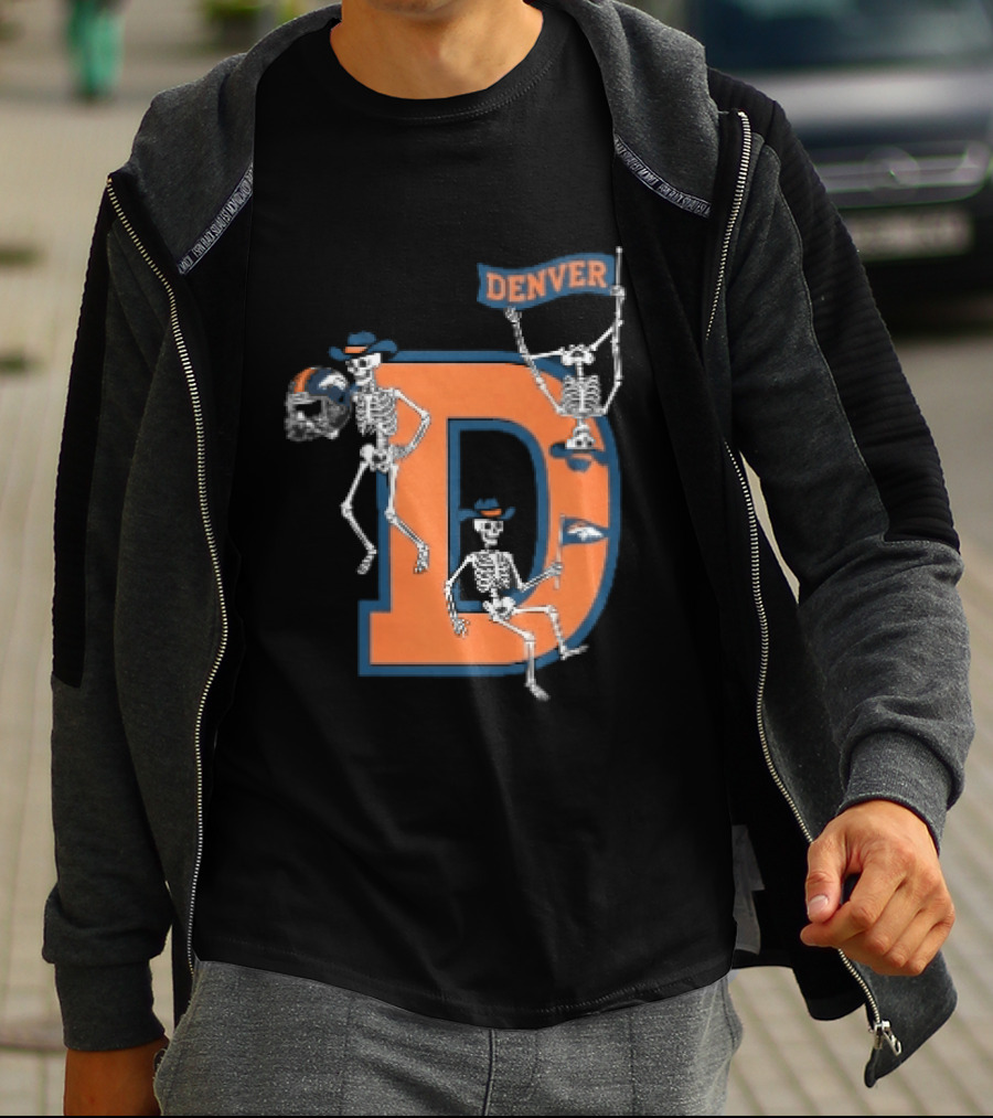 Denver Broncos Skeletons Cowboy Hats Big D Helmet Flag Orange T-Shirt