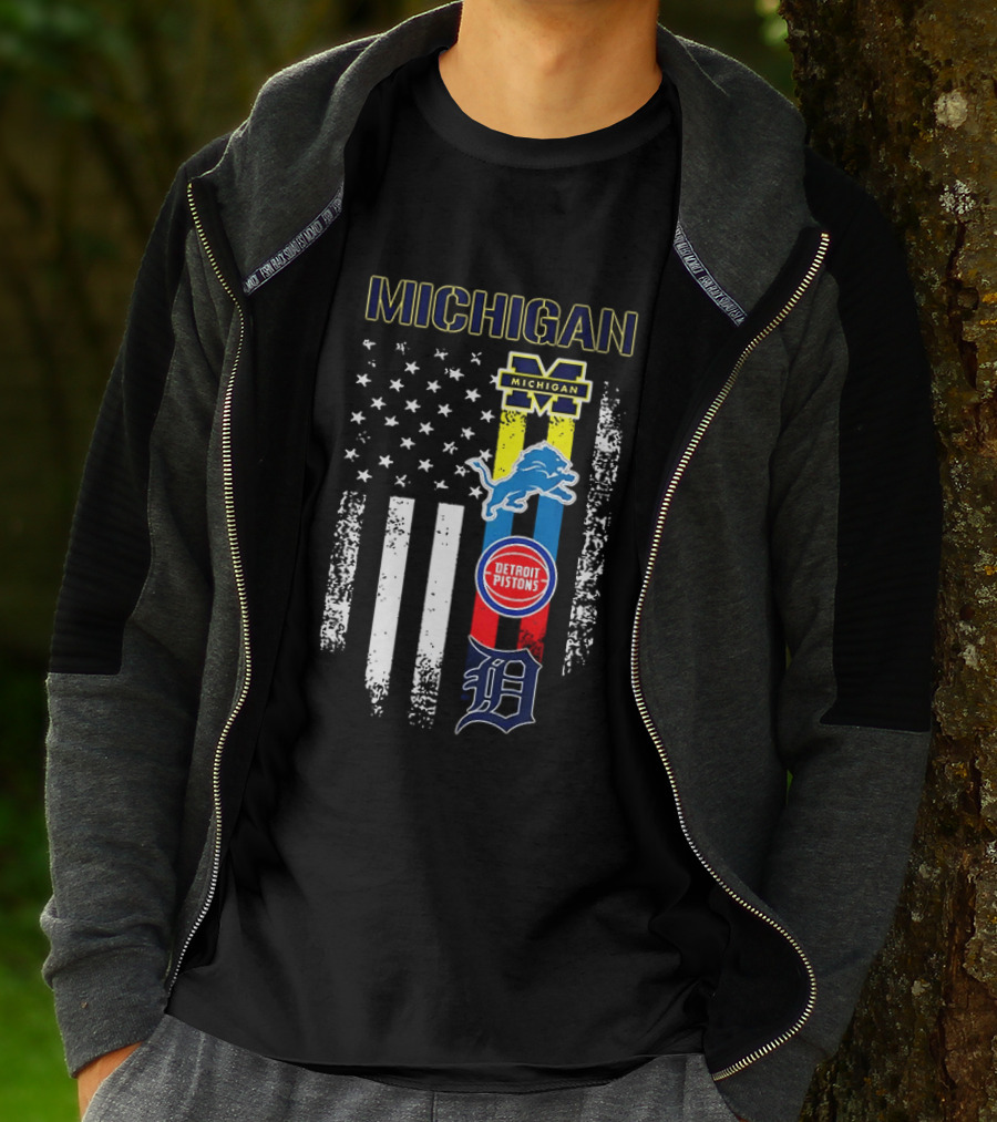 Michigan Wolverines Detroit Lions Pistons Tigers Flag T-Shirt