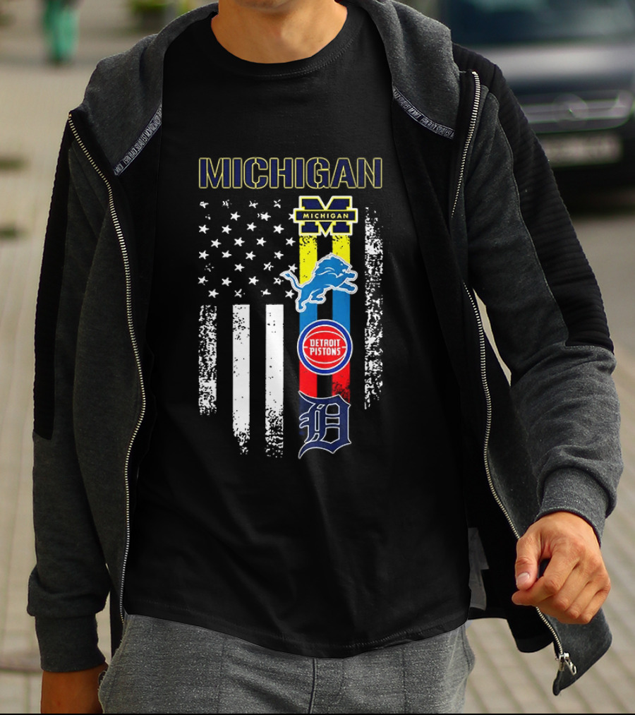 Michigan Wolverines Detroit Lions Pistons Tigers Flag T-Shirt