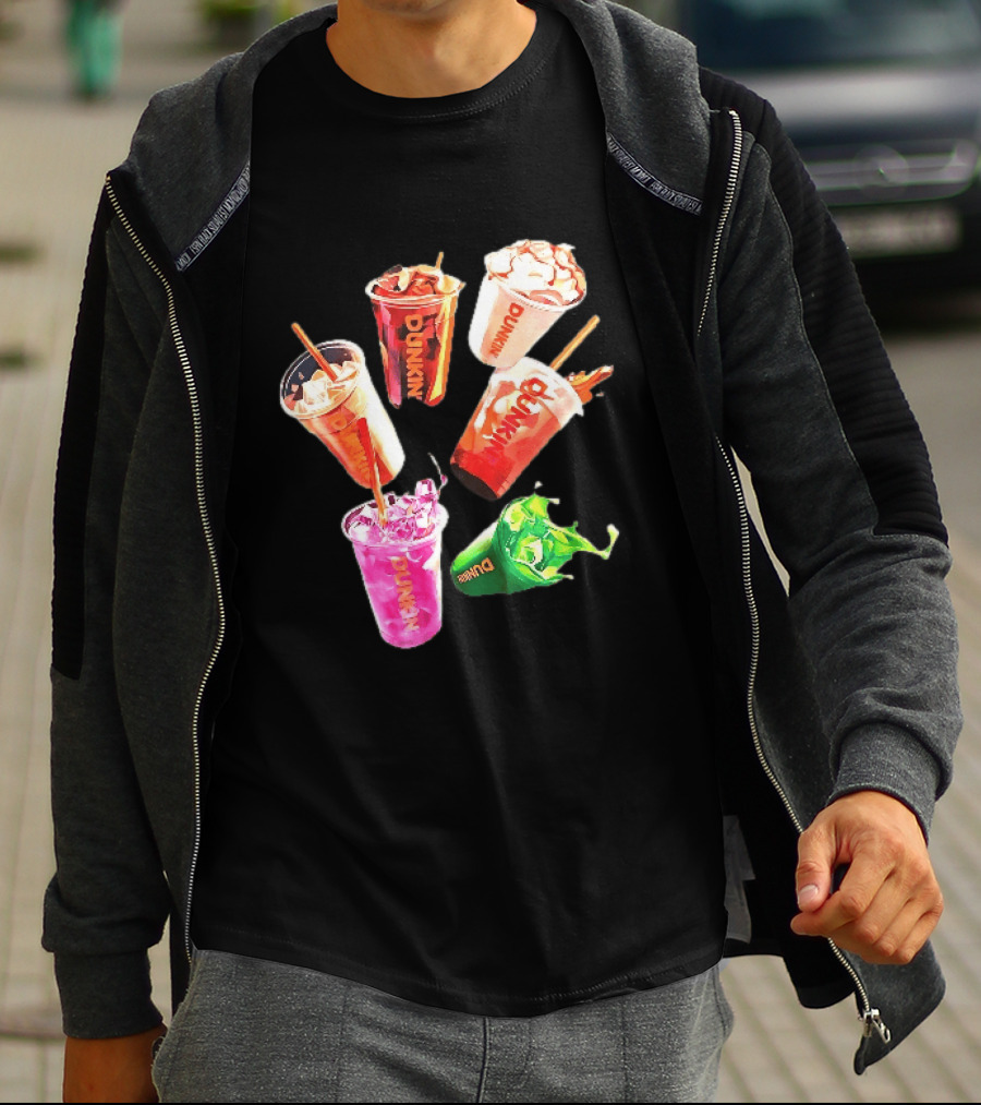 Dunkin Colorful Iced Coffee Beverages Splash With Straws T-Shirt