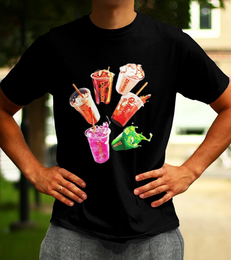 Dunkin Colorful Iced Coffee Beverages Splash With Straws T-Shirt