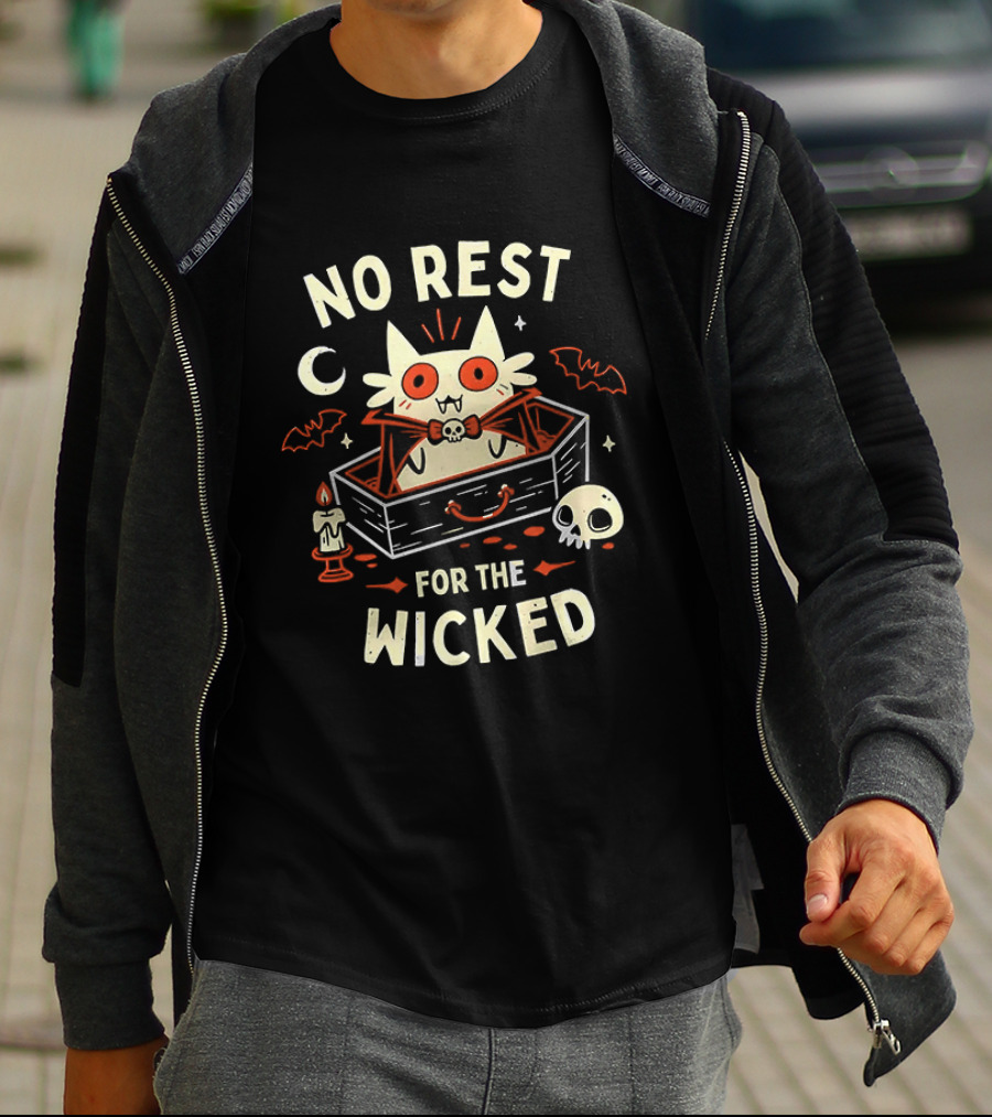No Rest For The Wicked Vampire Cat Halloween Humor With Bats And Skull T-Shirt
