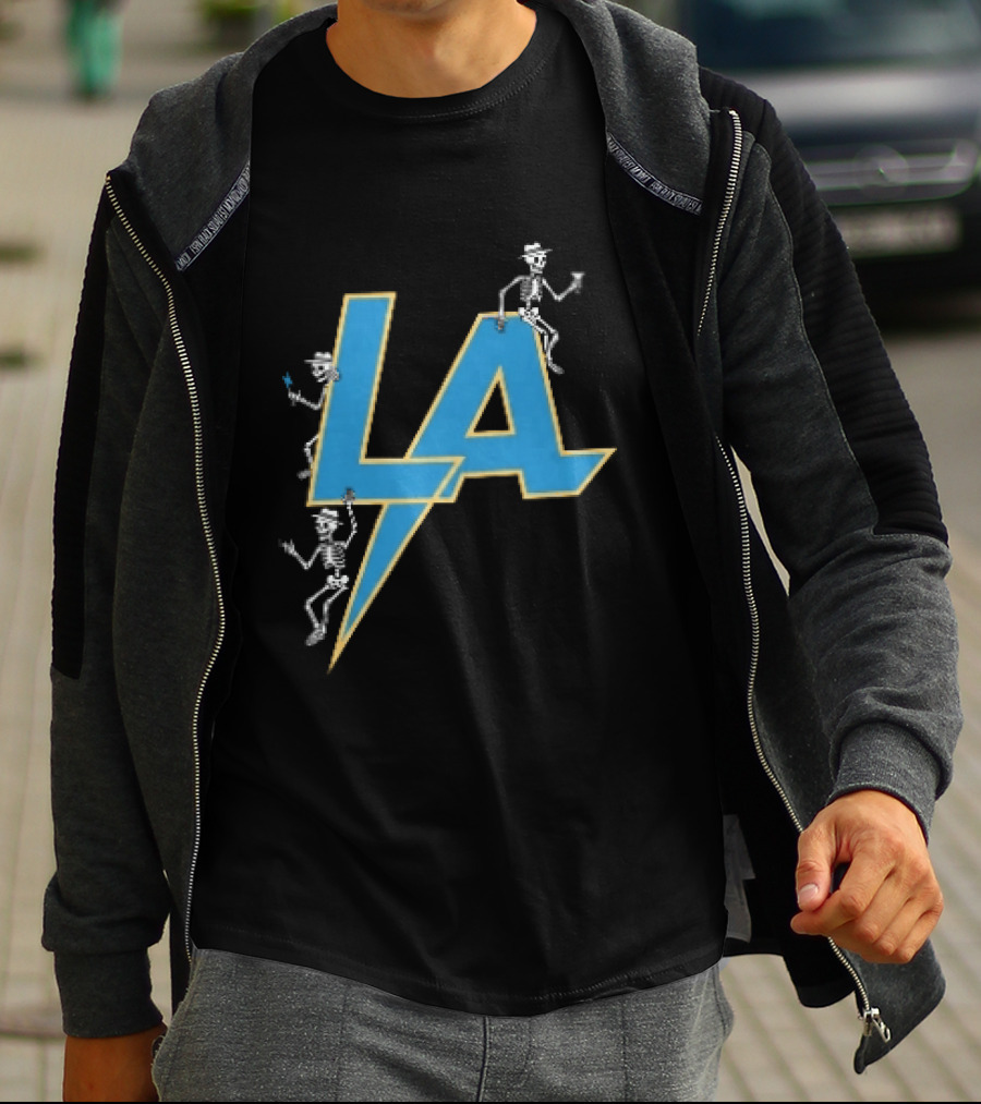 Los Angeles Chargers Skeletons On LA Lettering With Lightning Bolt T-Shirt
