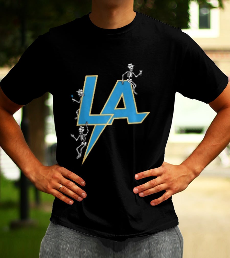 Los Angeles Chargers Skeletons On LA Lettering With Lightning Bolt T-Shirt