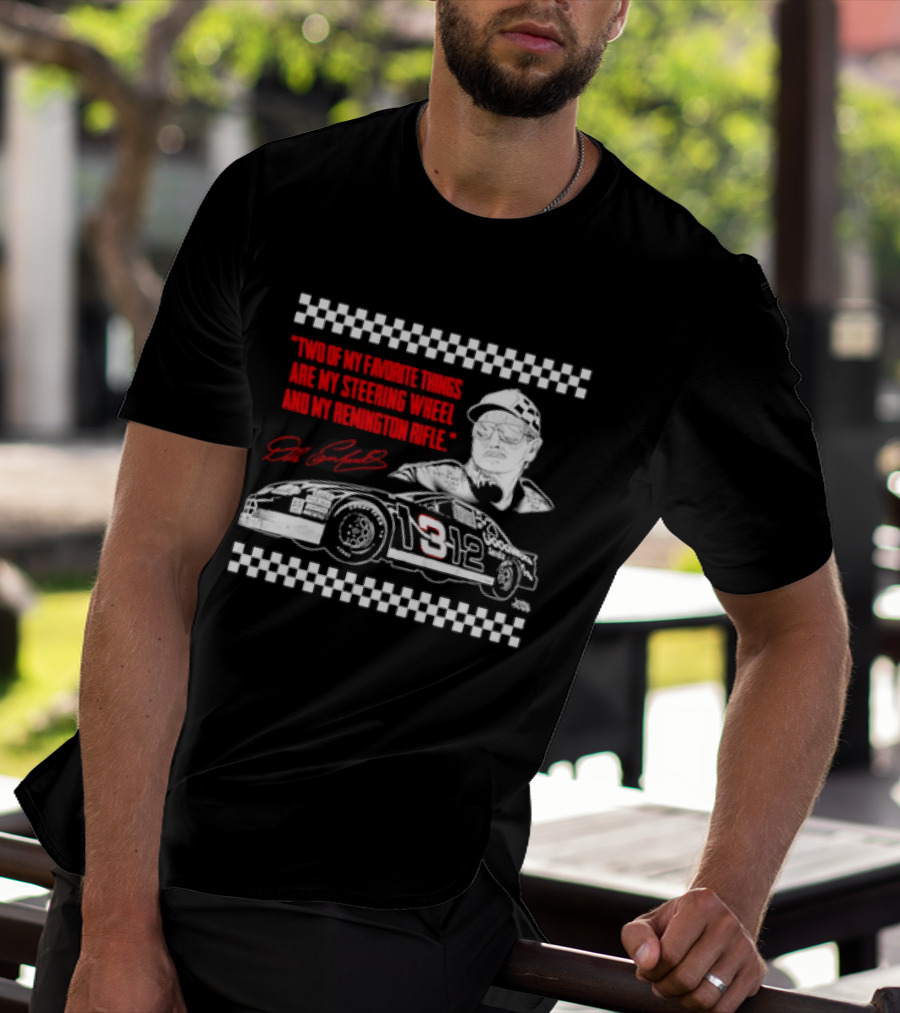 Two Of My Favorite Things Are My Steering Wheel And My Remington Rifle Racing Car 3 Checkered Flag T-Shirt