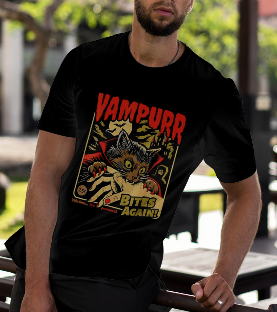 Vampurr Bites Again Vampire Cat Halloween Vintage Spooky Paws T-Shirt