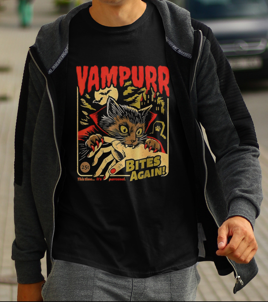 Vampurr Bites Again Vampire Cat Halloween Vintage Spooky Paws T-Shirt