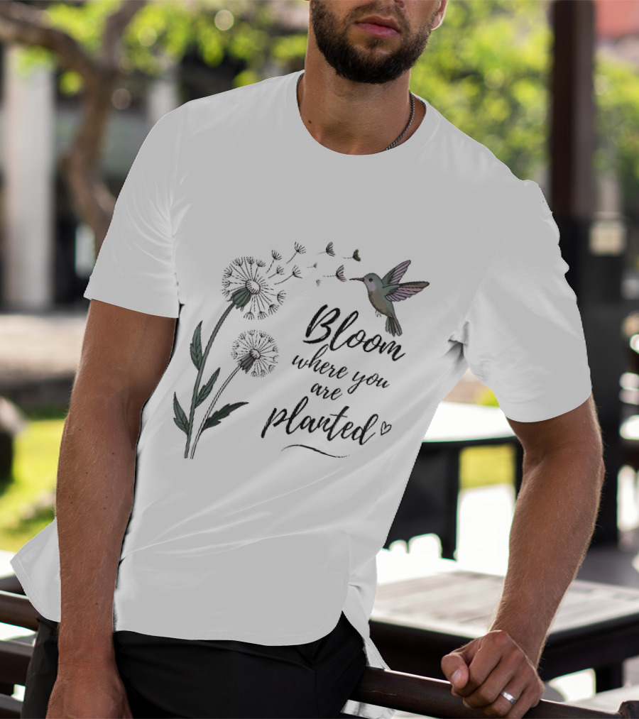 Bloom Where You Are Planted Hummingbird Dandelion Seeds Heart Sketch T-Shirt