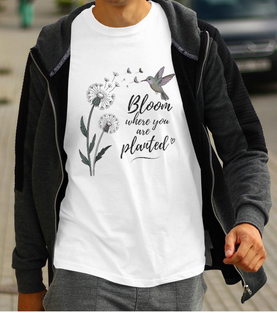 Bloom Where You Are Planted Hummingbird Dandelion Seeds Heart Sketch T-Shirt