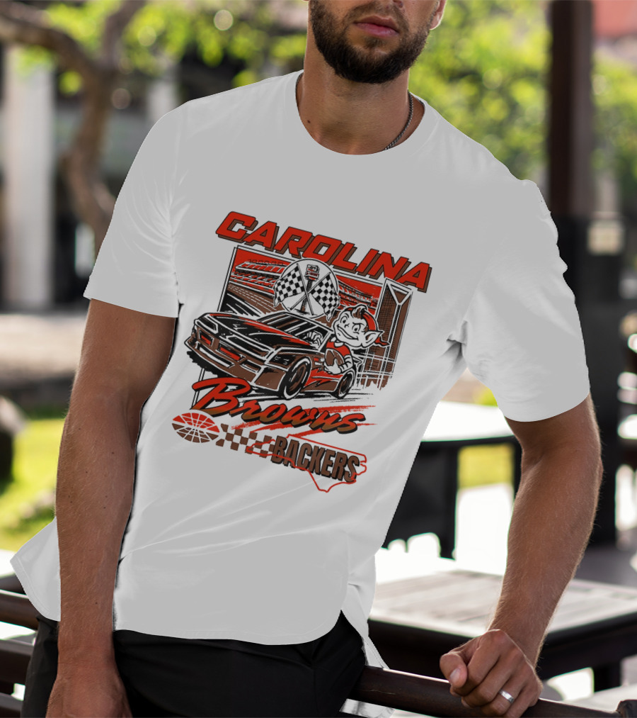 Carolina Browns Backers Racing Stadium Elf Car Checked Flag T-Shirt